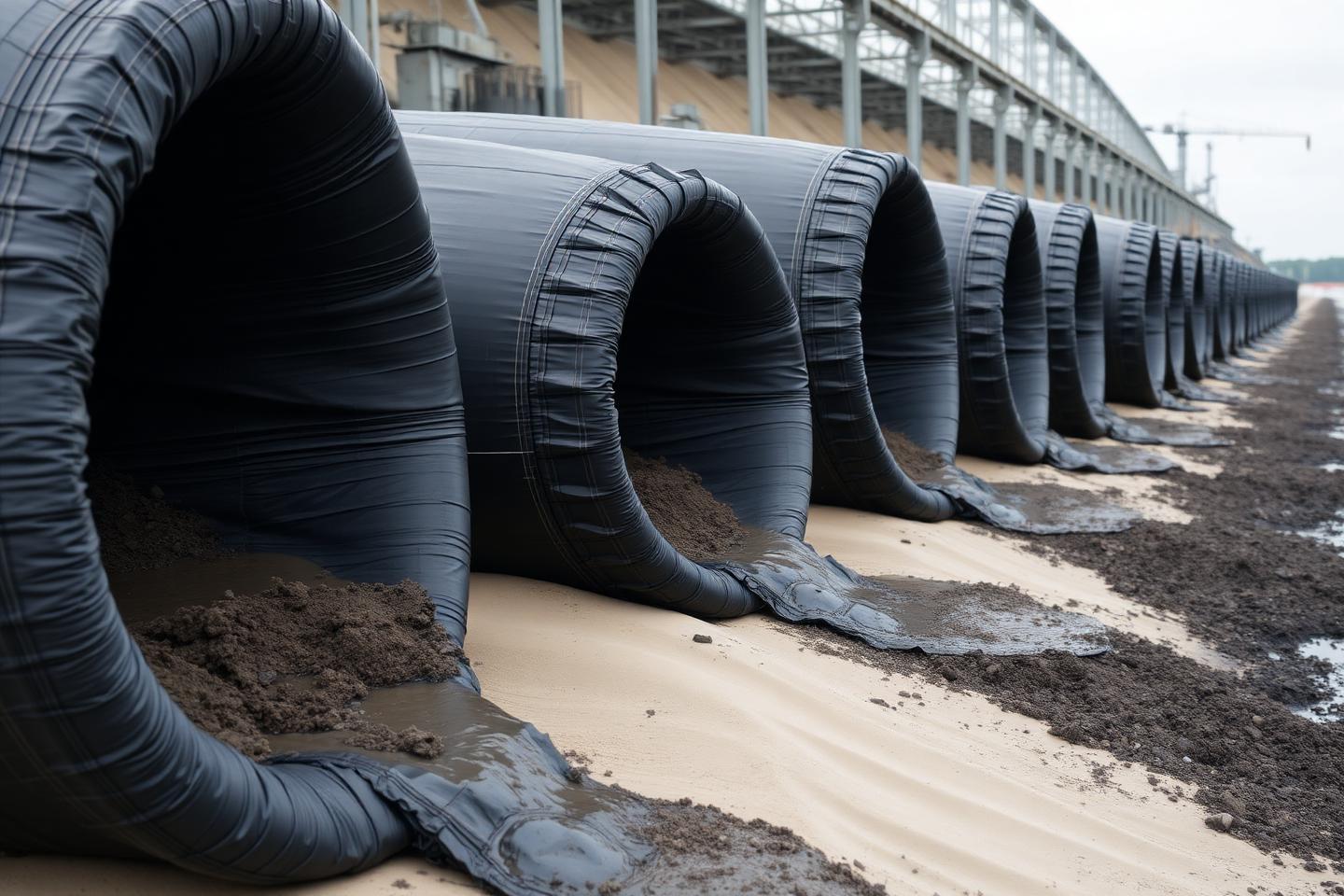 Geotextile dewatering tubes draining on site